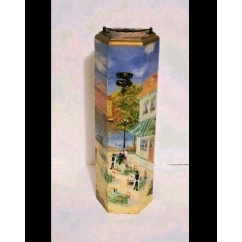 Heritage Picnic Time Wine Box Single Bottle Carrier Wooden Octagonal Art Bistro